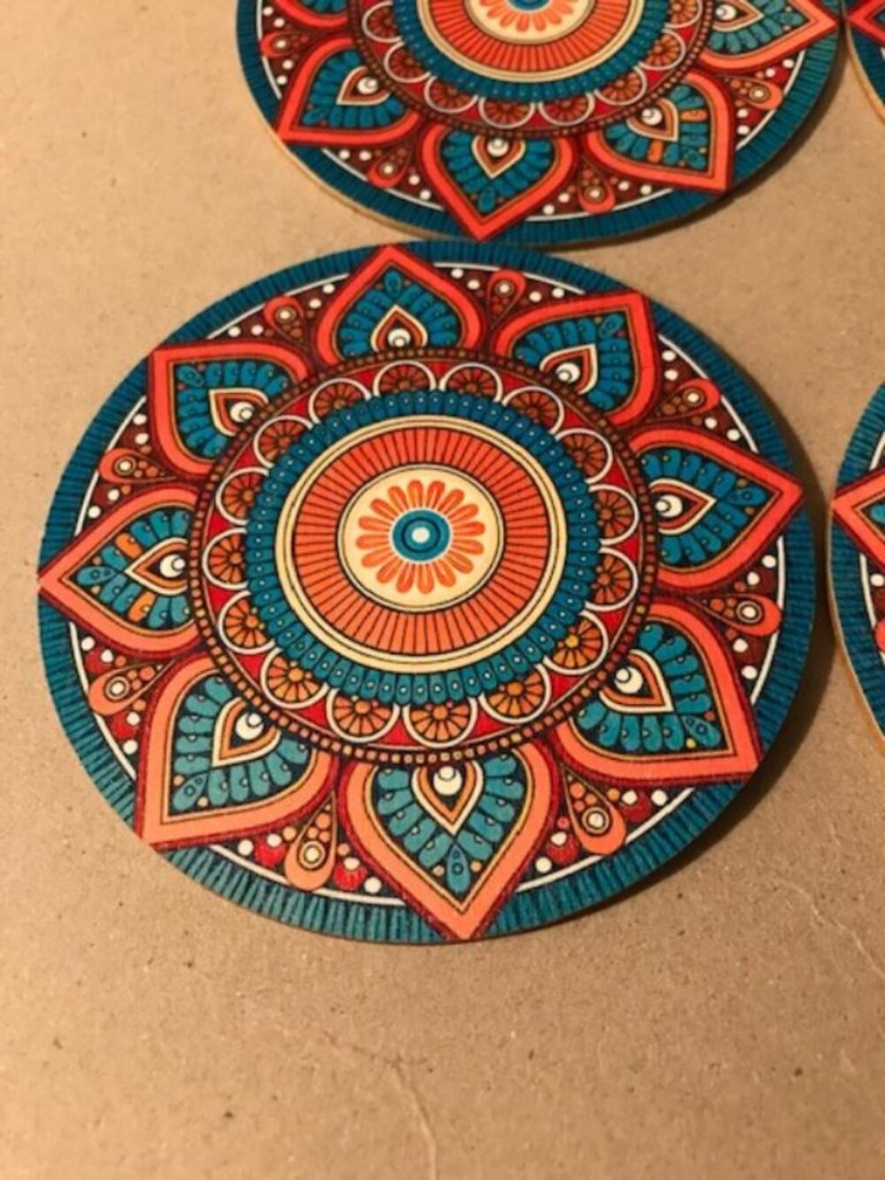Wooden 4 pc Lotus Mandala Coaster Set Purity Geometric Pattern India 106